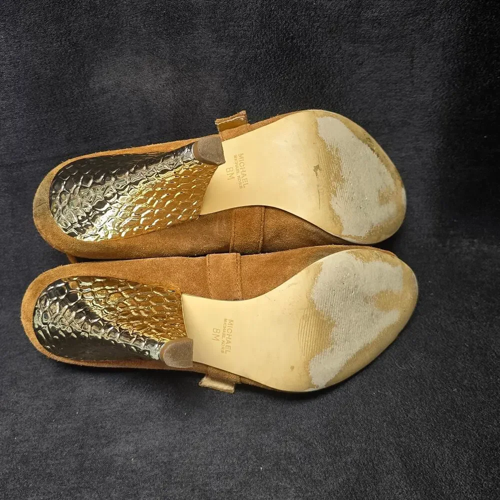 Michael Kors Brown Leather Peep Toe Ankle Strap Gold Cone High Heel Shoe